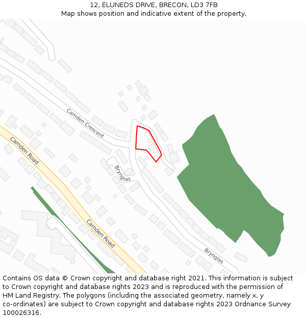 12, ELUNEDS DRIVE, BRECON, LD3 7FB: Location map and indicative extent of plot