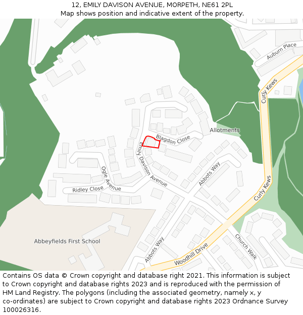 12, EMILY DAVISON AVENUE, MORPETH, NE61 2PL: Location map and indicative extent of plot