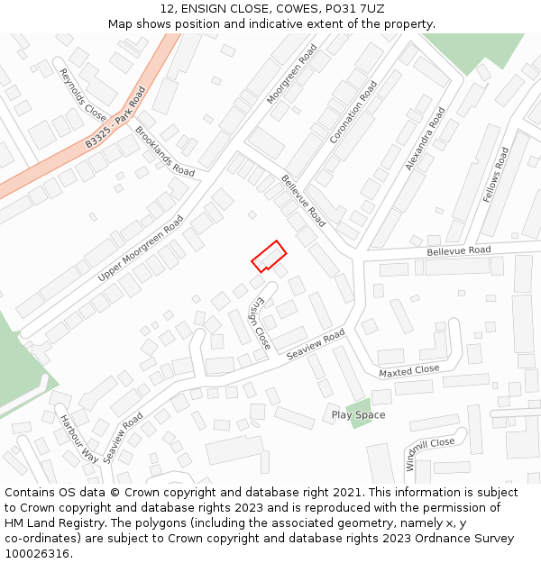 12, ENSIGN CLOSE, COWES, PO31 7UZ: Location map and indicative extent of plot