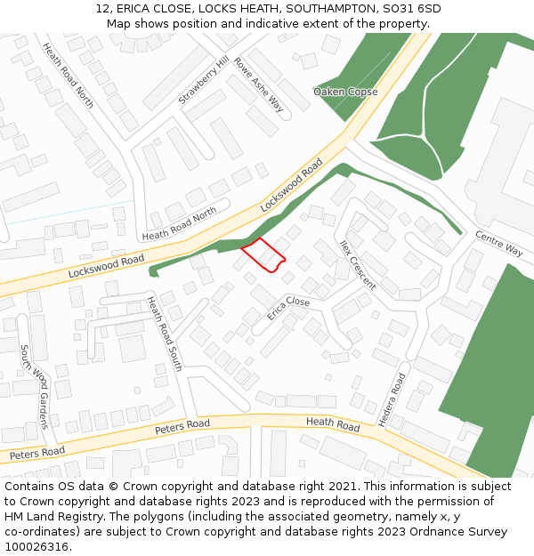 12, ERICA CLOSE, LOCKS HEATH, SOUTHAMPTON, SO31 6SD: Location map and indicative extent of plot