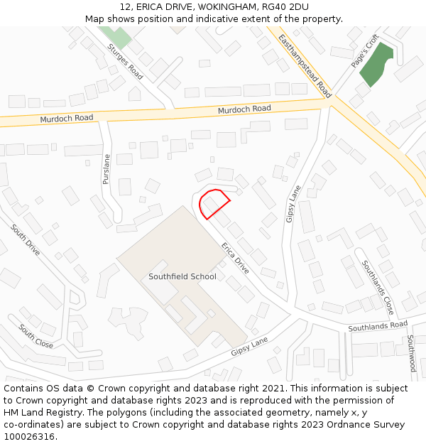 12, ERICA DRIVE, WOKINGHAM, RG40 2DU: Location map and indicative extent of plot