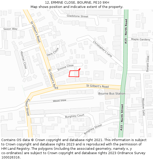 12, ERMINE CLOSE, BOURNE, PE10 9XH: Location map and indicative extent of plot