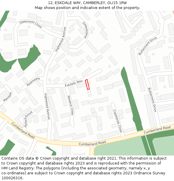 12, ESKDALE WAY, CAMBERLEY, GU15 1RW: Location map and indicative extent of plot