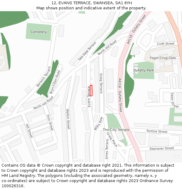 12, EVANS TERRACE, SWANSEA, SA1 6YH: Location map and indicative extent of plot