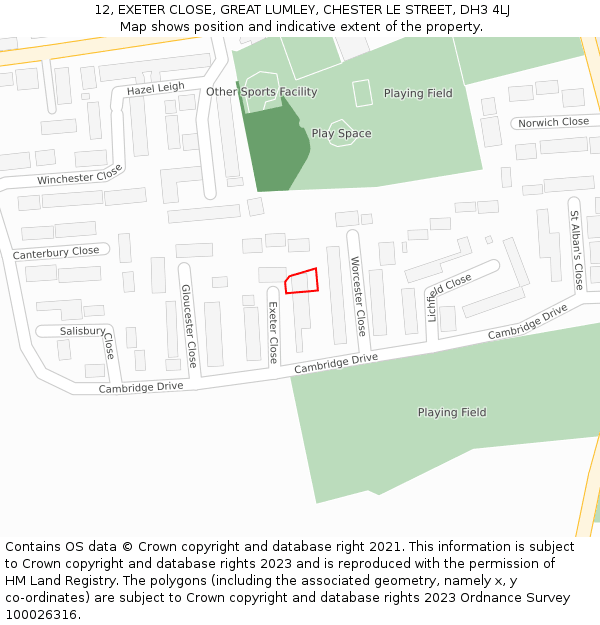 12, EXETER CLOSE, GREAT LUMLEY, CHESTER LE STREET, DH3 4LJ: Location map and indicative extent of plot