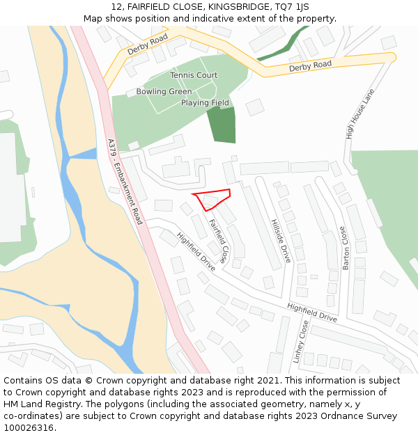 12, FAIRFIELD CLOSE, KINGSBRIDGE, TQ7 1JS: Location map and indicative extent of plot