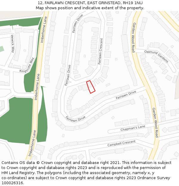 12, FAIRLAWN CRESCENT, EAST GRINSTEAD, RH19 1NU: Location map and indicative extent of plot