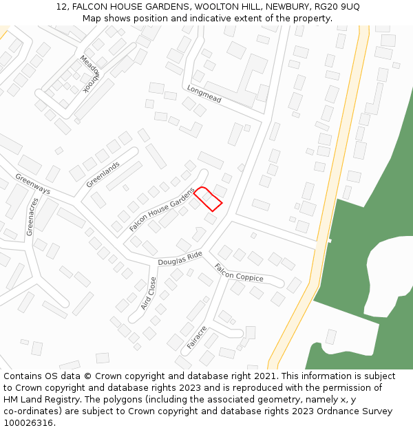 12, FALCON HOUSE GARDENS, WOOLTON HILL, NEWBURY, RG20 9UQ: Location map and indicative extent of plot