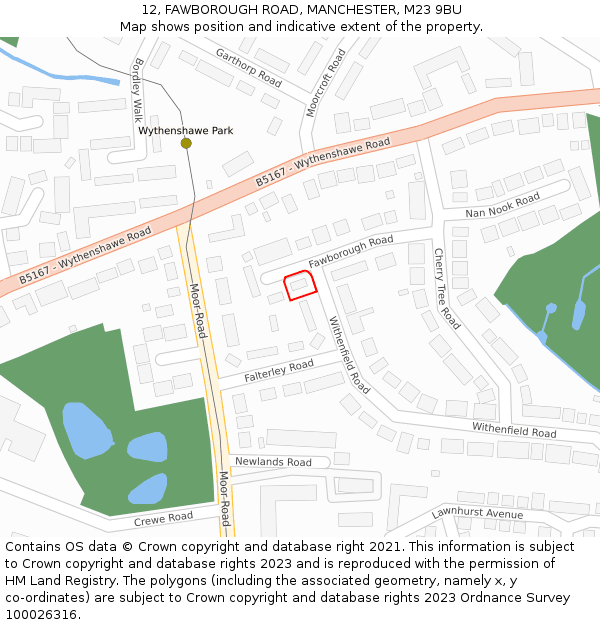 12, FAWBOROUGH ROAD, MANCHESTER, M23 9BU: Location map and indicative extent of plot