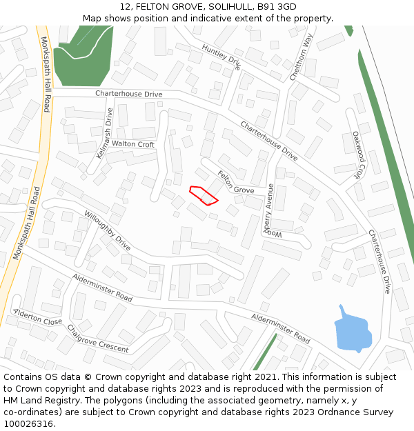 12, FELTON GROVE, SOLIHULL, B91 3GD: Location map and indicative extent of plot