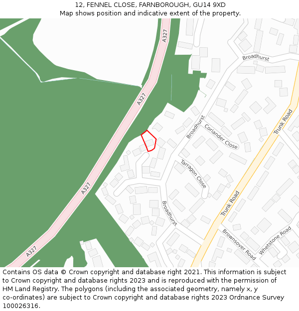 12, FENNEL CLOSE, FARNBOROUGH, GU14 9XD: Location map and indicative extent of plot