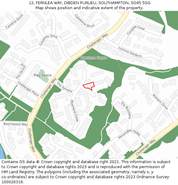 12, FERNLEA WAY, DIBDEN PURLIEU, SOUTHAMPTON, SO45 5SG: Location map and indicative extent of plot