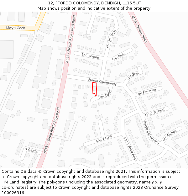 12, FFORDD COLOMENDY, DENBIGH, LL16 5UT: Location map and indicative extent of plot