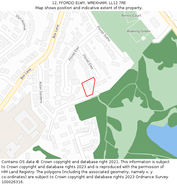 12, FFORDD ELWY, WREXHAM, LL12 7RE: Location map and indicative extent of plot