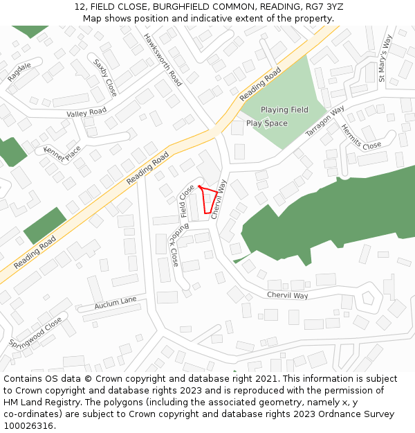 12, FIELD CLOSE, BURGHFIELD COMMON, READING, RG7 3YZ: Location map and indicative extent of plot