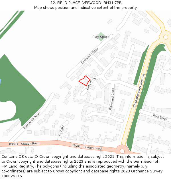 12, FIELD PLACE, VERWOOD, BH31 7PR: Location map and indicative extent of plot