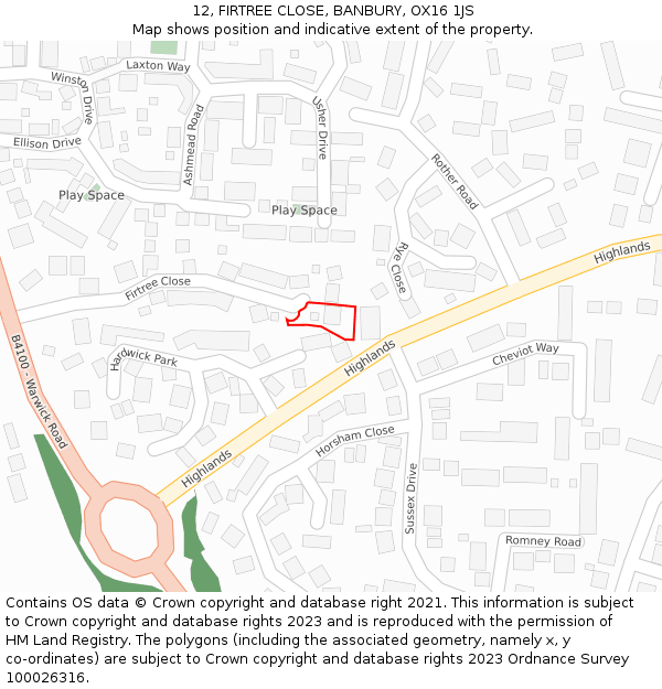 12, FIRTREE CLOSE, BANBURY, OX16 1JS: Location map and indicative extent of plot