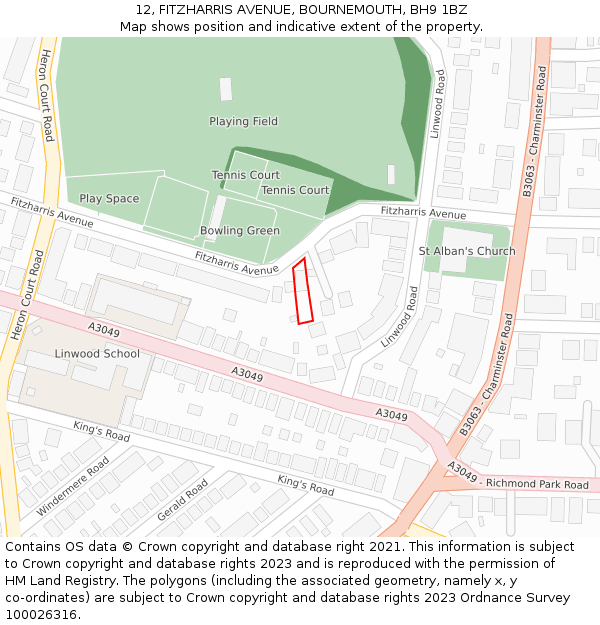 12, FITZHARRIS AVENUE, BOURNEMOUTH, BH9 1BZ: Location map and indicative extent of plot