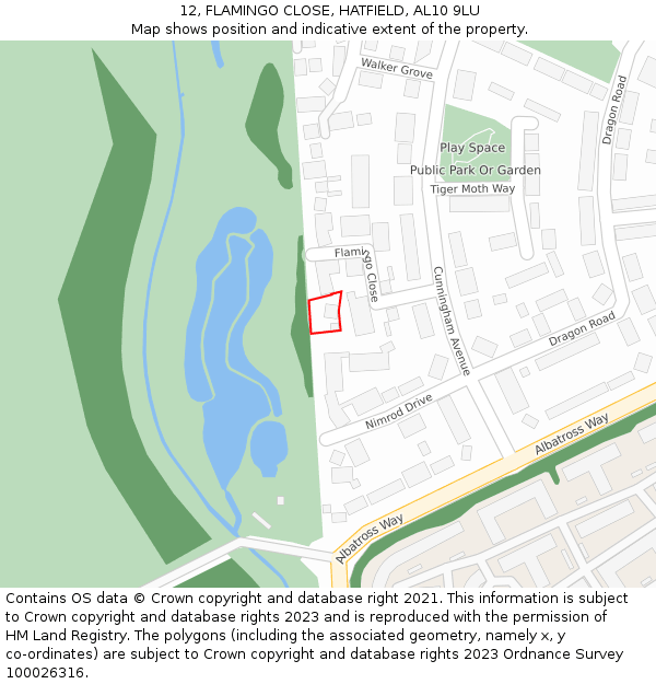 12, FLAMINGO CLOSE, HATFIELD, AL10 9LU: Location map and indicative extent of plot