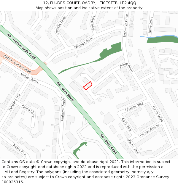 12, FLUDES COURT, OADBY, LEICESTER, LE2 4QQ: Location map and indicative extent of plot