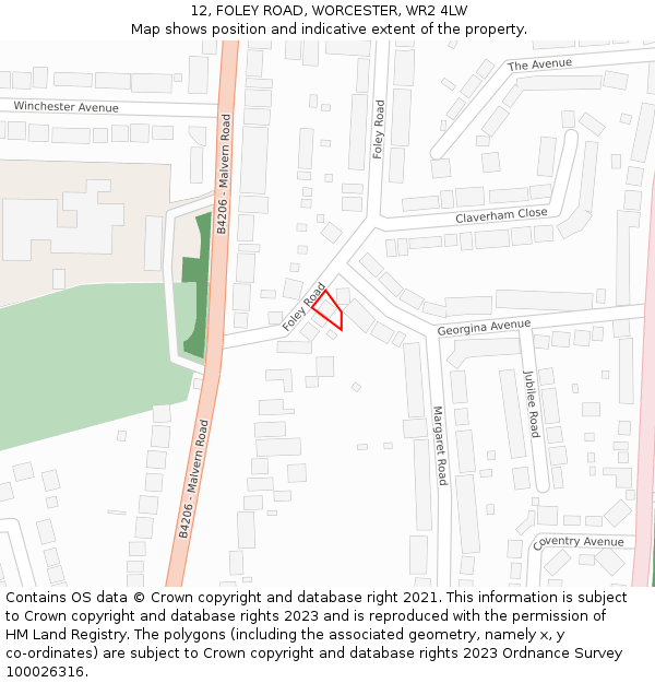 12, FOLEY ROAD, WORCESTER, WR2 4LW: Location map and indicative extent of plot