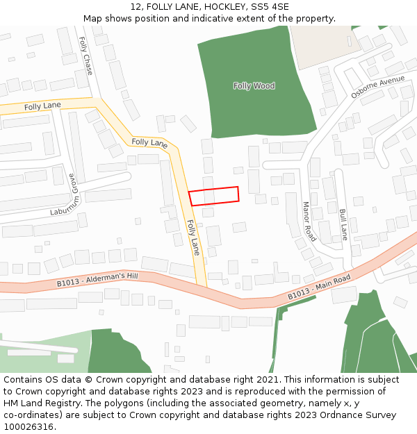 12, FOLLY LANE, HOCKLEY, SS5 4SE: Location map and indicative extent of plot