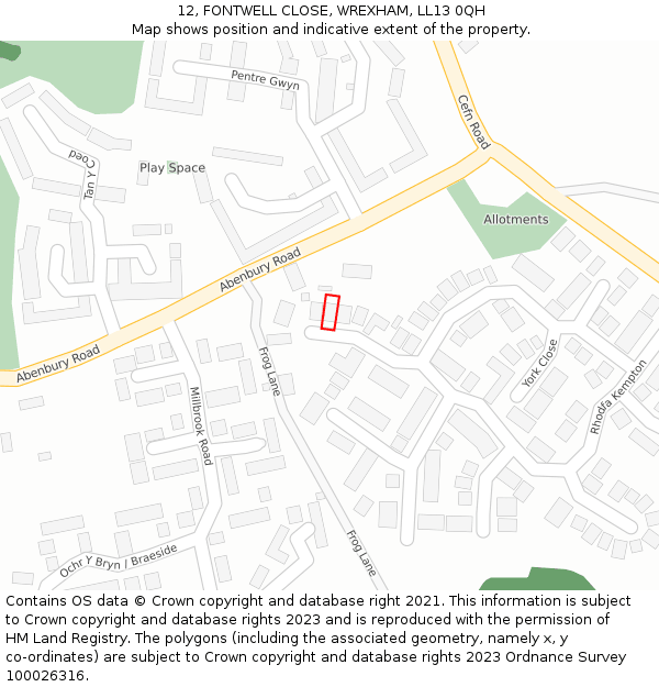 12, FONTWELL CLOSE, WREXHAM, LL13 0QH: Location map and indicative extent of plot