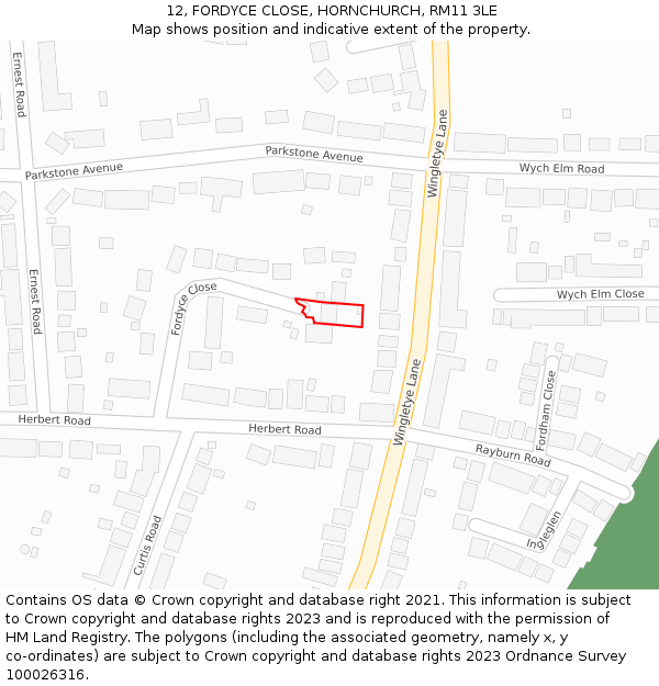 12, FORDYCE CLOSE, HORNCHURCH, RM11 3LE: Location map and indicative extent of plot