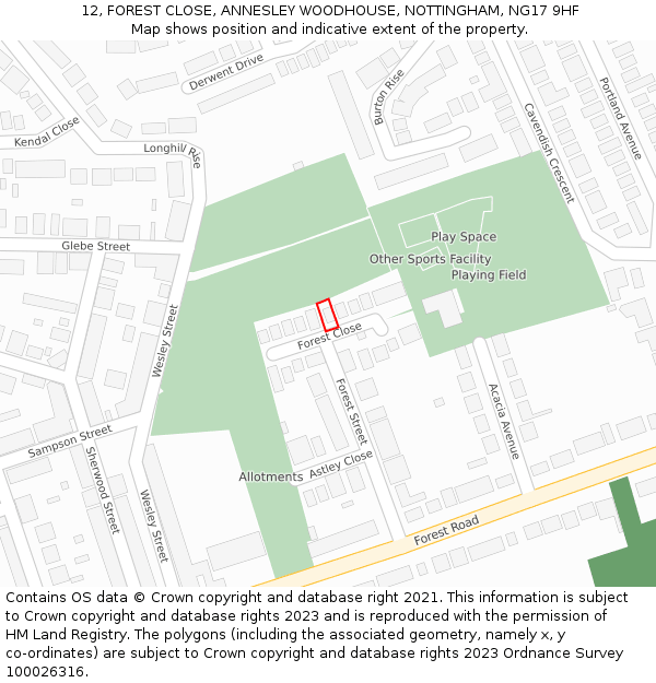 12, FOREST CLOSE, ANNESLEY WOODHOUSE, NOTTINGHAM, NG17 9HF: Location map and indicative extent of plot