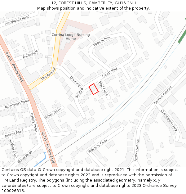 12, FOREST HILLS, CAMBERLEY, GU15 3NH: Location map and indicative extent of plot