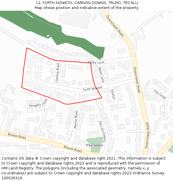 12, FORTH NOWETH, CARNON DOWNS, TRURO, TR3 6LU: Location map and indicative extent of plot