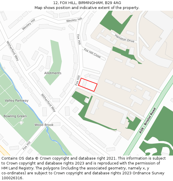 12, FOX HILL, BIRMINGHAM, B29 4AG: Location map and indicative extent of plot