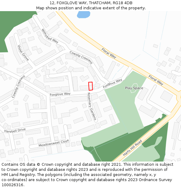 12, FOXGLOVE WAY, THATCHAM, RG18 4DB: Location map and indicative extent of plot