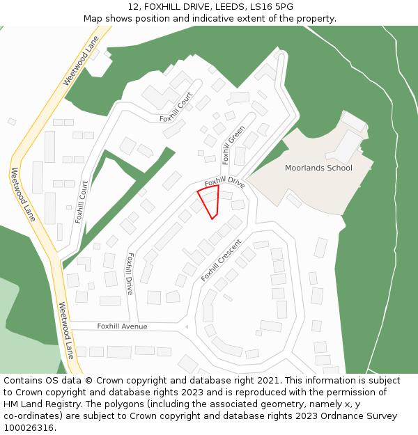 12, FOXHILL DRIVE, LEEDS, LS16 5PG: Location map and indicative extent of plot