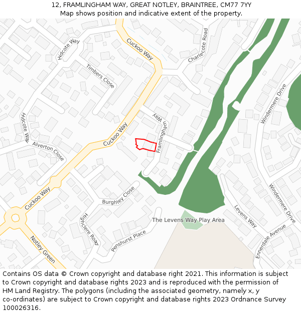 12, FRAMLINGHAM WAY, GREAT NOTLEY, BRAINTREE, CM77 7YY: Location map and indicative extent of plot