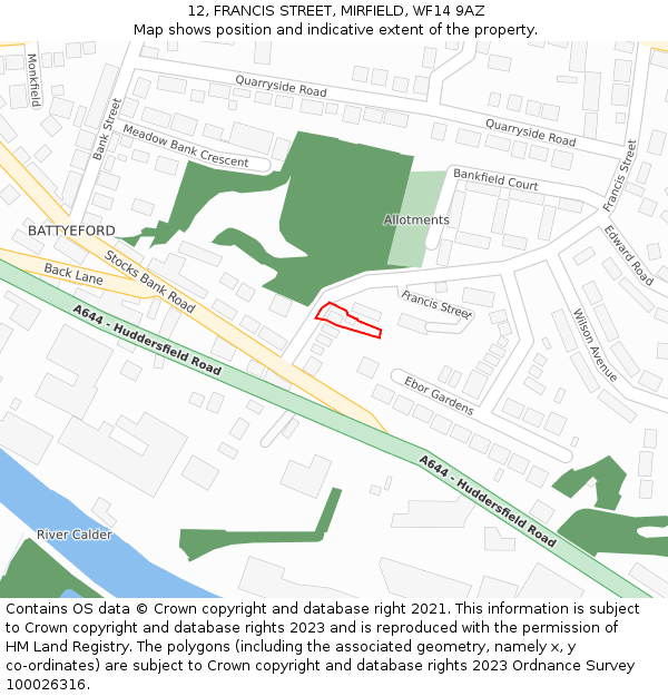 12, FRANCIS STREET, MIRFIELD, WF14 9AZ: Location map and indicative extent of plot