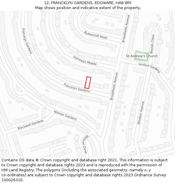 12, FRANCKLYN GARDENS, EDGWARE, HA8 8RY: Location map and indicative extent of plot