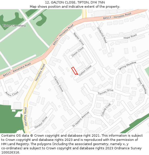 12, GALTON CLOSE, TIPTON, DY4 7NN: Location map and indicative extent of plot