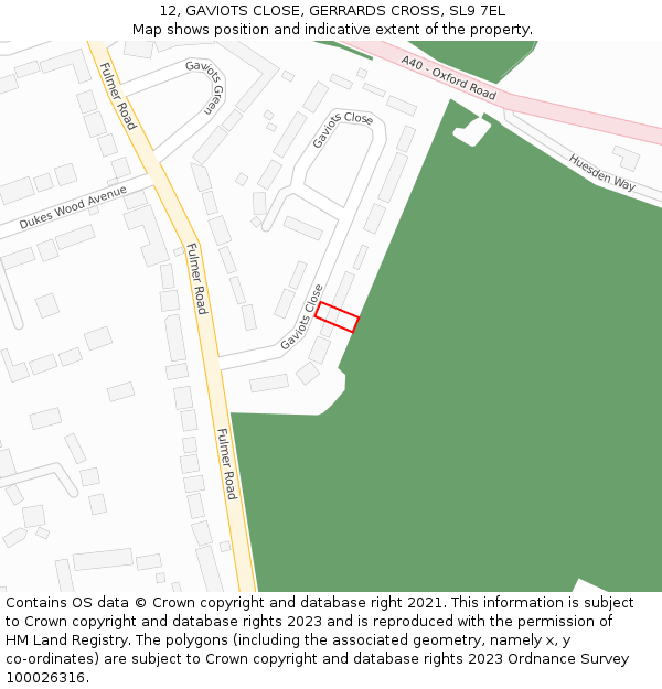 12, GAVIOTS CLOSE, GERRARDS CROSS, SL9 7EL: Location map and indicative extent of plot