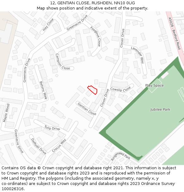 12, GENTIAN CLOSE, RUSHDEN, NN10 0UG: Location map and indicative extent of plot