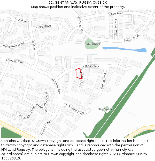 12, GENTIAN WAY, RUGBY, CV23 0XJ: Location map and indicative extent of plot