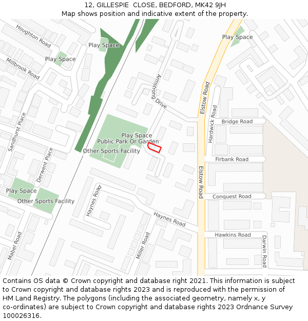 12, GILLESPIE  CLOSE, BEDFORD, MK42 9JH: Location map and indicative extent of plot