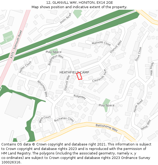 12, GLANVILL WAY, HONITON, EX14 2GE: Location map and indicative extent of plot