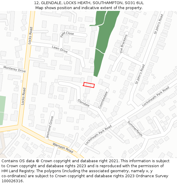 12, GLENDALE, LOCKS HEATH, SOUTHAMPTON, SO31 6UL: Location map and indicative extent of plot