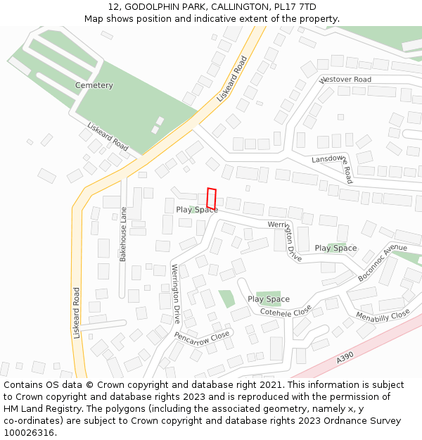 12, GODOLPHIN PARK, CALLINGTON, PL17 7TD: Location map and indicative extent of plot