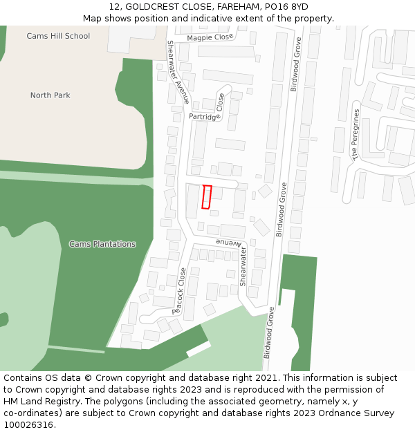 12, GOLDCREST CLOSE, FAREHAM, PO16 8YD: Location map and indicative extent of plot