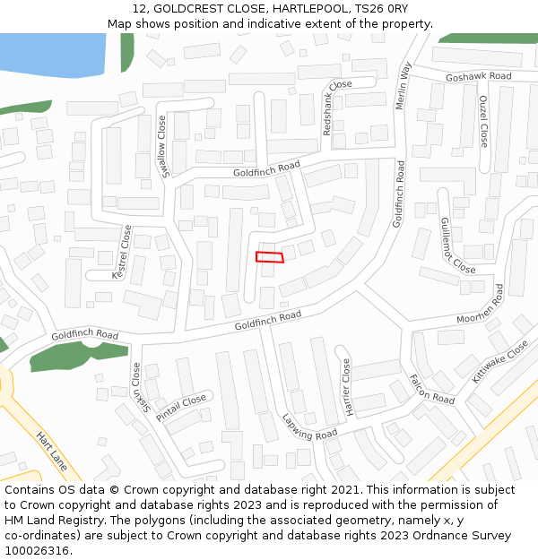 12, GOLDCREST CLOSE, HARTLEPOOL, TS26 0RY: Location map and indicative extent of plot