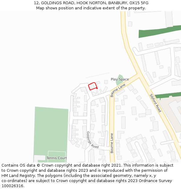 12, GOLDINGS ROAD, HOOK NORTON, BANBURY, OX15 5FG: Location map and indicative extent of plot