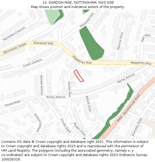 12, GORDON RISE, NOTTINGHAM, NG3 5GB: Location map and indicative extent of plot