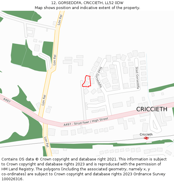 12, GORSEDDFA, CRICCIETH, LL52 0DW: Location map and indicative extent of plot